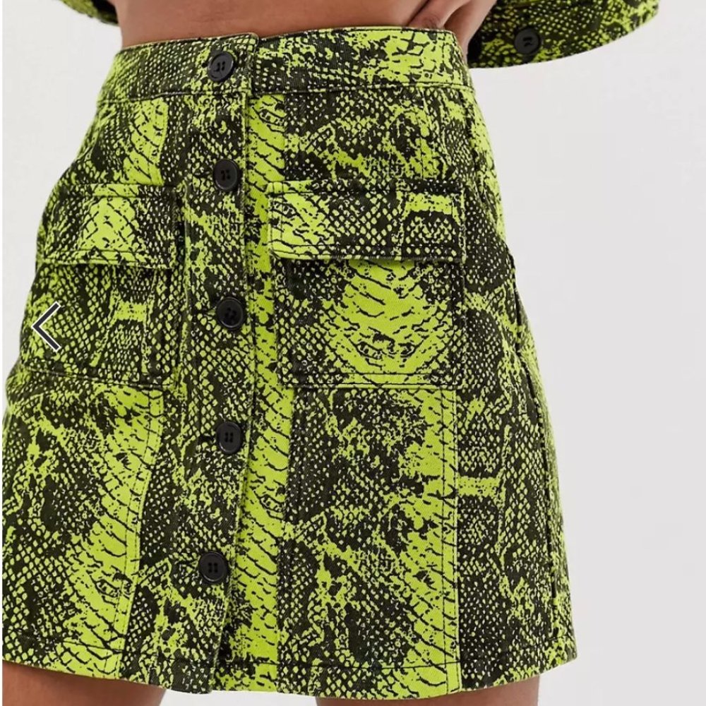 ASOS Neon Green Snakeskin Print Denim Skirt